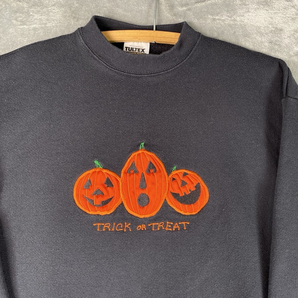 Vintage Halloween Trick Or Treat Sweatshirt Size L Black Pumpkin Crewneck 90s - Picture 4 of 12